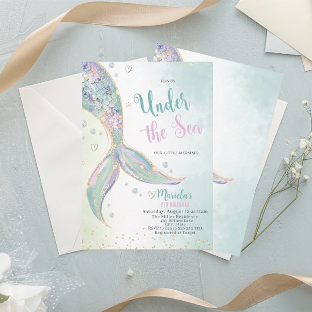 Invitation Elégante Queue De Sirène D'Aquarelle Moins De 2E A (Créateur téléchargé)