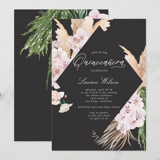Invitation élégante Quinceanera à fleurs tropicales Invitatio (Devant / Derrière)