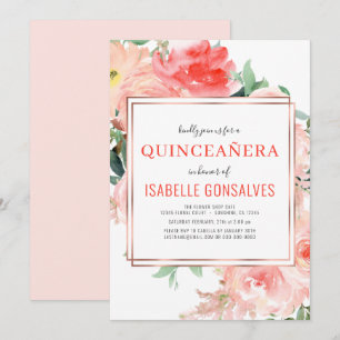 Invitation Elégante QUINCEAÑERA Aquarelle Pêcher Corail Flora