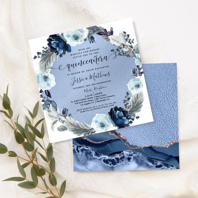 Invitation Elégante Quinceañera Bleue, Floral, Huile Bleue, A (Créateur téléchargé)