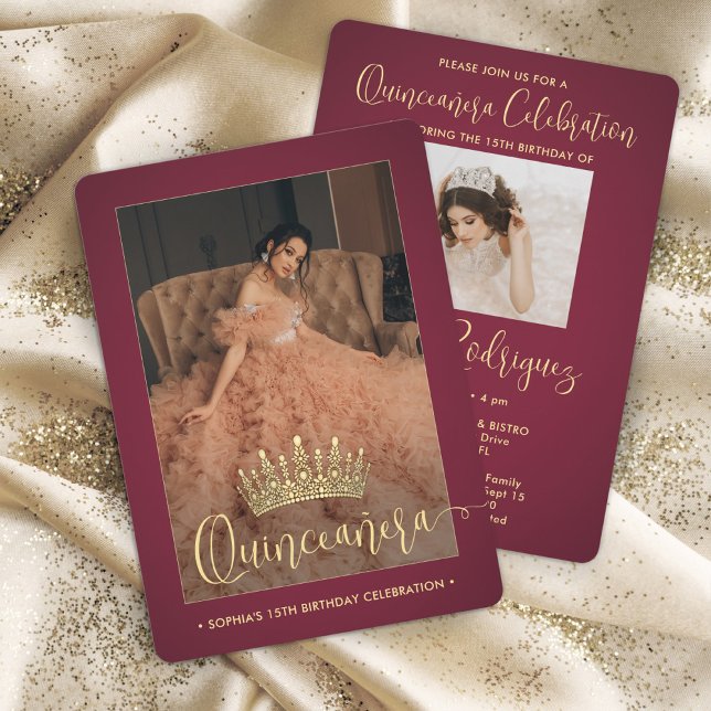 Invitation Elégante Quinceañera Crown Modern 2 Photo Bourgogn (Créateur téléchargé)