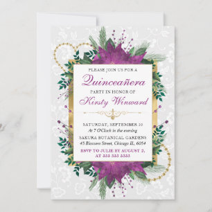 Invitation Elégante Quinceañera d'hiver pourpre poinsettia