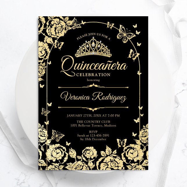 Invitation Élégante Quinceanera d'or noir (Créateur téléchargé)