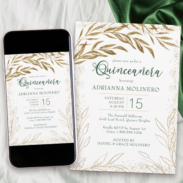 Invitation Élégante Quinceanera Emerald Feuilles vert et or (decorated on both sides and available professionally printed or as a printable download)