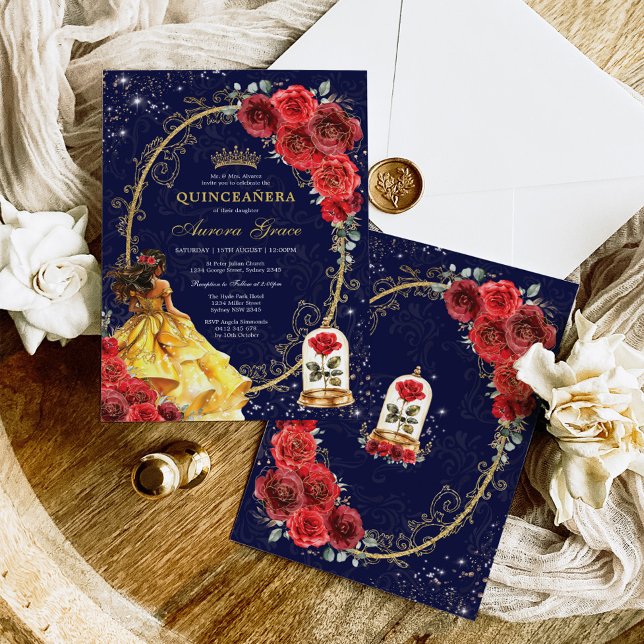 Invitation Elégante Quinceañera Enchantée Roses Rouges Floral (Créateur téléchargé)