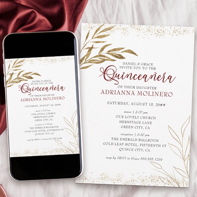 Invitation Elégante Quinceanera et Masse feuille rouge et or (Elegant invitation to Quinceanera & church blessing white, blue and gold - my Gold Leaf Collection)