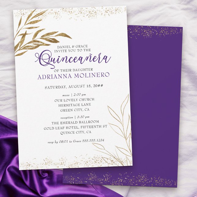 Invitation Elégante Quinceanera et Masse Purple et Feuille d' (Elegant invitation to Quinceanera & church blessing white, purple and gold - my Gold Leaf Collection)