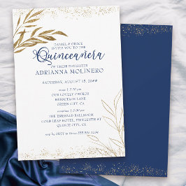 Invitation Elégante Quinceanera et Masse Royal Blue Gold Leaf
