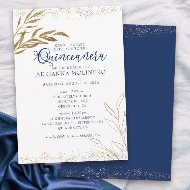 Invitation Elégante Quinceanera et Masse Royal Blue Gold Leaf (Elegant invitation to Quinceanera & church blessing white, blue and gold - my Gold Leaf Collection)