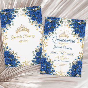Invitation Elégante Quinceañera Fleurs Bleu Royal Doré