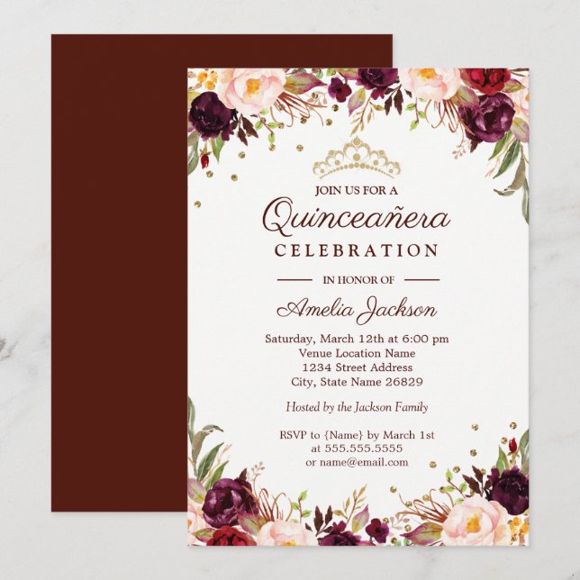Invitation Elégante Quinceanera Florale Bourgogne Or (Devant / Derrière)