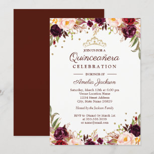 Invitation Elégante Quinceanera Florale Bourgogne Or