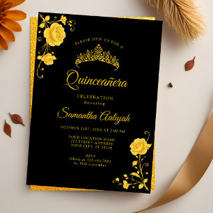 Invitation Élégante Quinceanera Florale Dorée Noir et Or
