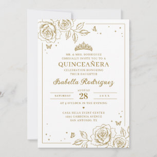 Invitation Élégante Quinceañera Florale en Or