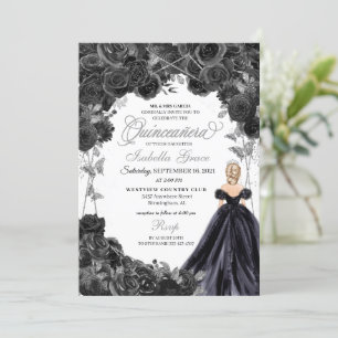 Invitation Elégante Quinceanera Florale Noir et Argent Invita