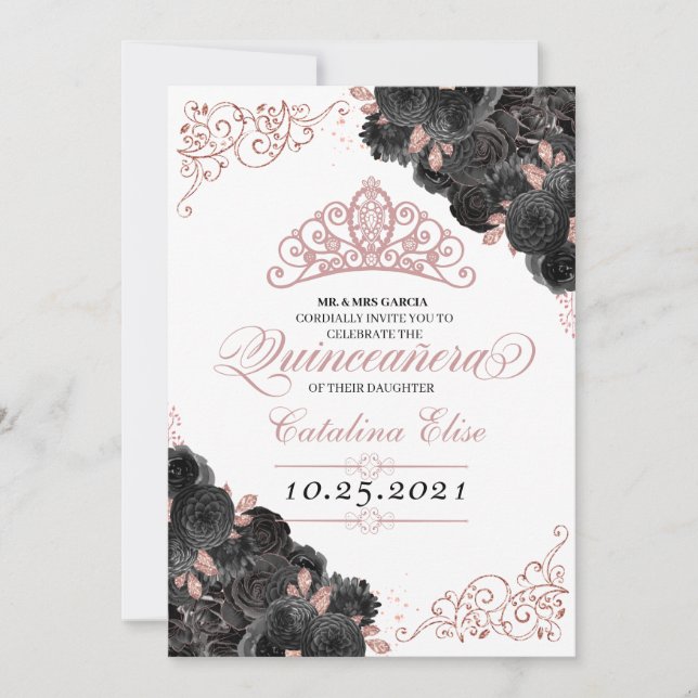 Invitation Elégante Quinceanera Florale Noir et Rose (Devant)