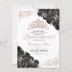 Invitation Elégante Quinceanera Florale Noir et Rose