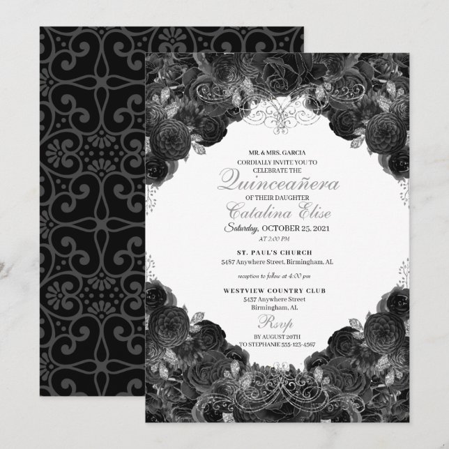 Invitation Elégante Quinceanera florale noire et argent (Devant / Derrière)