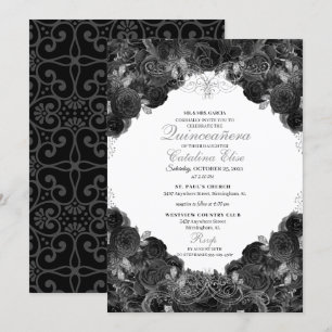 Invitation Elégante Quinceanera florale noire et argent
