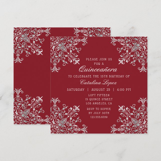 Invitation Elégante Quinceañera florale ornée d'argent bordea (Devant / Derrière)