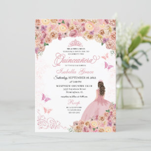 Invitation Elégante Quinceanera Florale Peach Rose Push