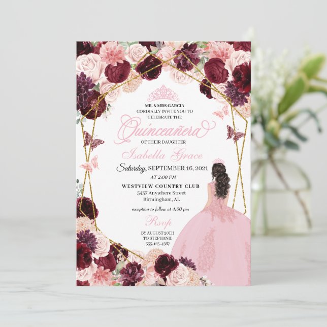 Invitation Elégante Quinceanera Florale Rose Brousse De Bourg (Debout devant)