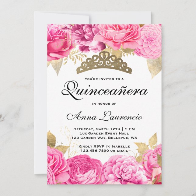 Invitation Élégante Quinceanera Florale Rose Chaud (Devant)