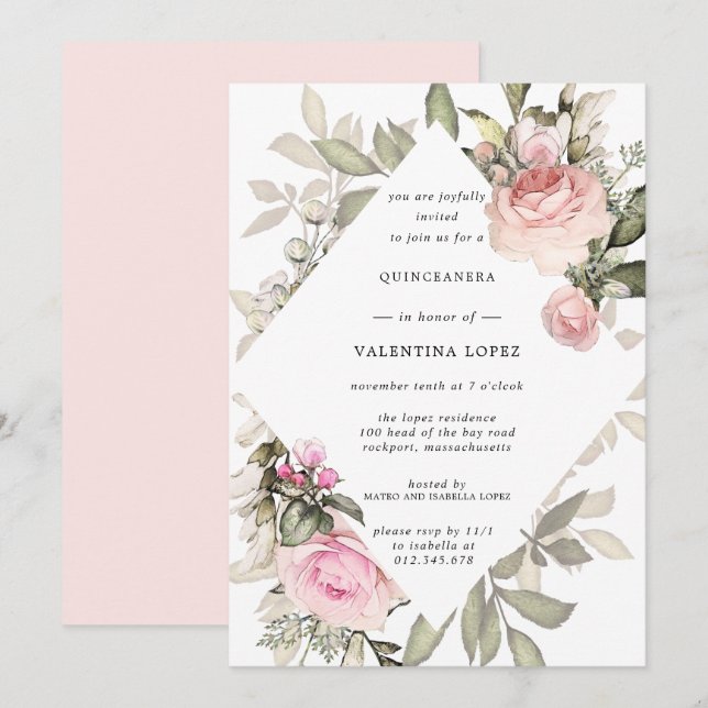 Invitation Élégante Quinceanera florale rose pâle (Devant / Derrière)