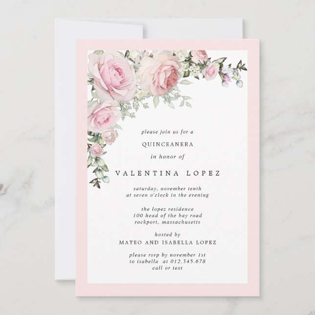 Invitation Élégante Quinceanera florale rose pâle (Devant)
