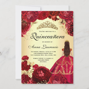 Invitation Elégante Quinceanera Florale Rouge et Or
