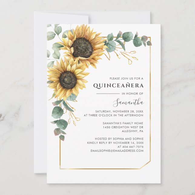 Invitation Elégante Quinceanera florale tournesol Eucalyptus  (Devant)
