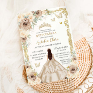 Invitation Élégante Quinceanera Florale Vintage Or 