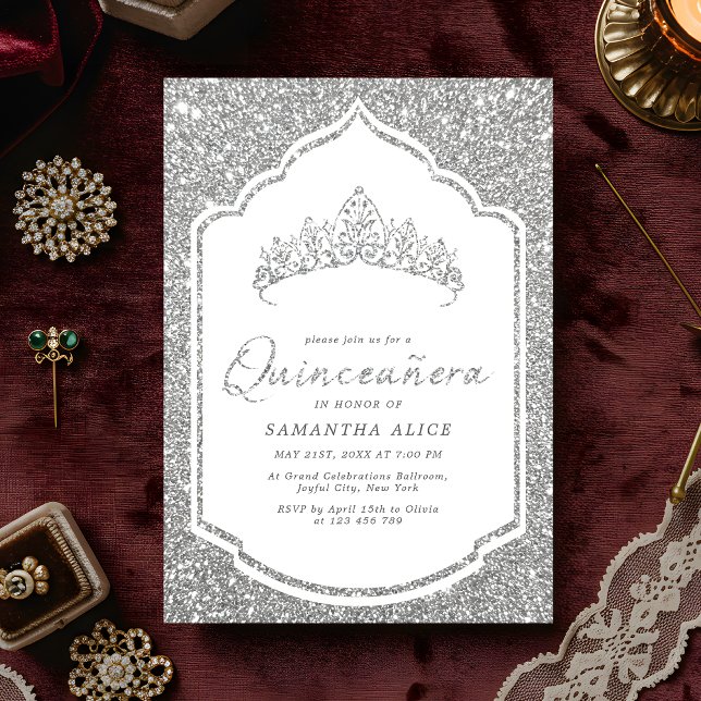 Invitation Élégante Quinceanera Glitterie Argent (Créateur téléchargé)