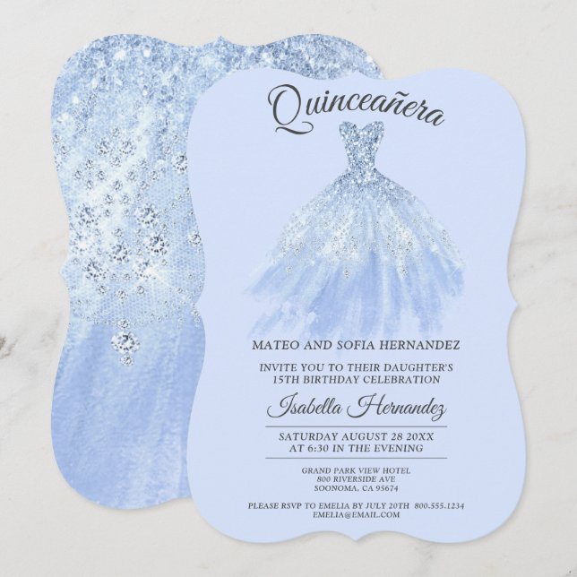 Invitation Elégante Quinceanera Mis Quince Bleu Violet Partie (Devant / Derrière)