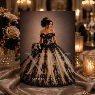 Invitation Élégante Quinceañera Noir Champagne Or