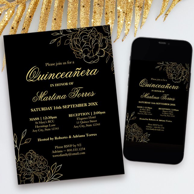 Invitation Elégante Quinceanera noir et or croquis floral (Black and Gold Quinceanera Invitation with church ceremony, from my Gold Sketched Floral collection)