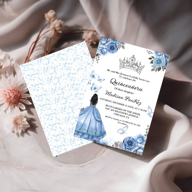 Invitation Elégante Quinceanera Papillon Floral bleu Dusty (Créateur téléchargé)