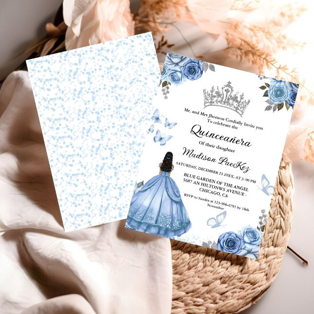 Invitation Elégante Quinceanera Papillon Floral bleu Dusty (Créateur téléchargé)
