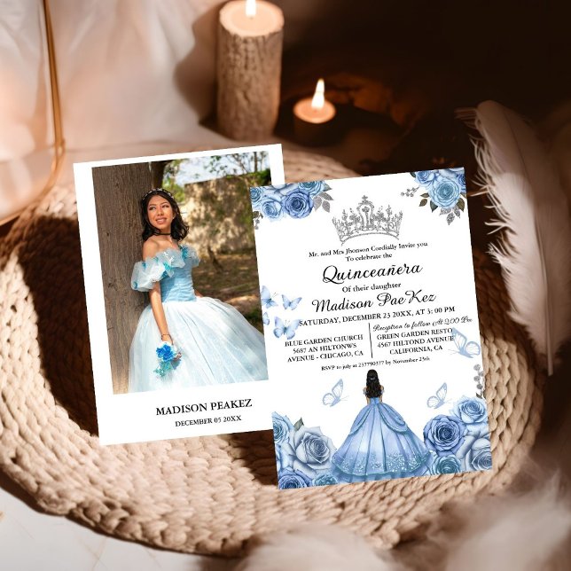 Invitation Elégante Quinceanera Papillon Floral bleu Dusty (Créateur téléchargé)