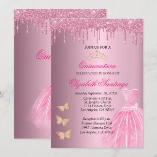 Invitation Elégante Quinceañera Parties scintillant rose et o