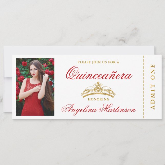 Invitation Elégante Quinceanera Photo Billet Rouge et Or (Devant)
