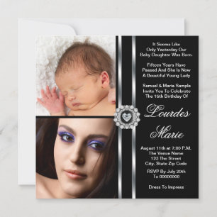 Invitation Elégante Quinceanera photo noir et blanc d'argent