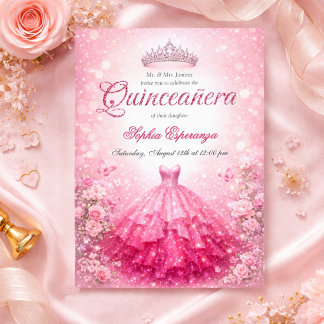 Invitation Élégante Quinceañera rose et fuchsia