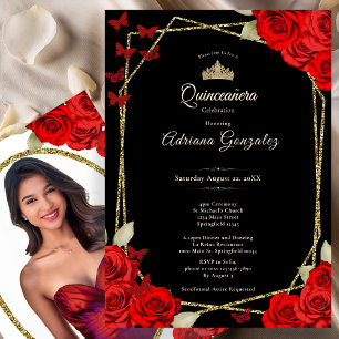 Invitation Élégante Quinceanera Roses Noires, Or et Rouges