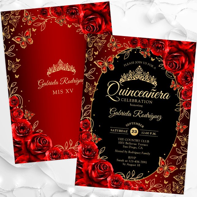 Invitation Elégante Quinceanera rouge or noir (Créateur téléchargé)