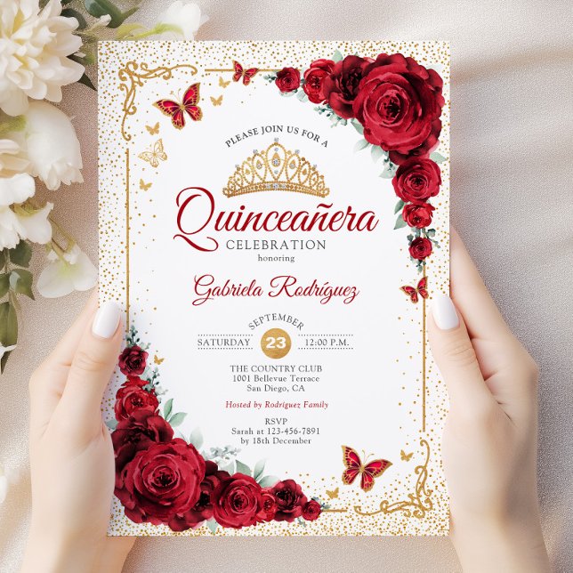 Invitation Elégante Quinceanera Rouge Roses Or Blanc (Créateur téléchargé)