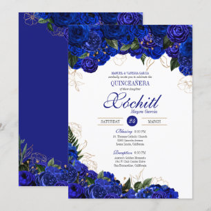 Invitation Elégante Quinceanera - Royal Blue Gold Roses Flora