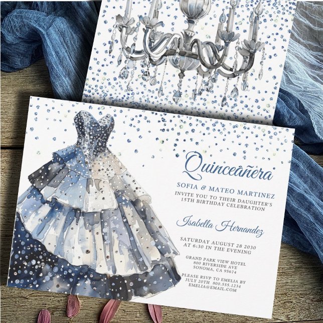 Invitation Elégante Quineanera Parties scintillant Blue Gown  (Créateur téléchargé)