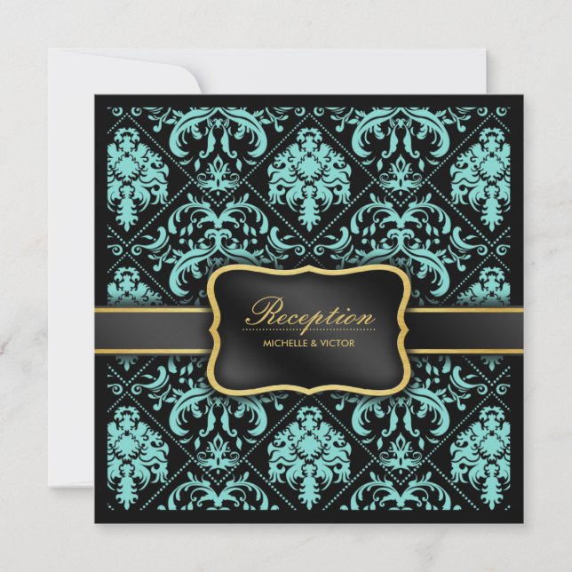 Invitation Elégante réception Aqua Bleu et Noir Damas uniquem (Devant)
