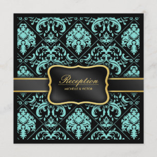 Invitation Elégante réception Aqua Bleue et Noire Damas uniqu